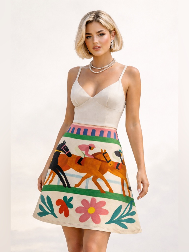 Kentucky DerbyInspired Illustrated Horse Racing Skirt Knee Length Jersey